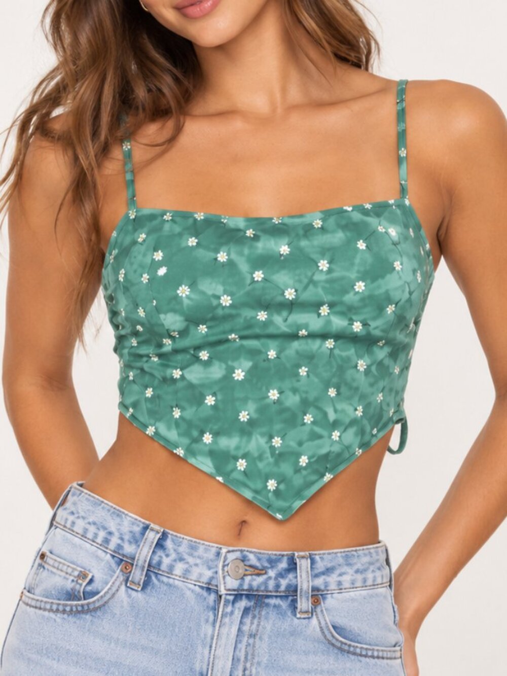 Sadie & Sage Green Floral Handkerchief Crop Top XS Tie Back